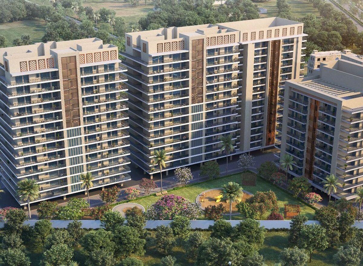 Aerial render of Genesis Heights luxury apartment towers with landscaped garden in Zirakpur